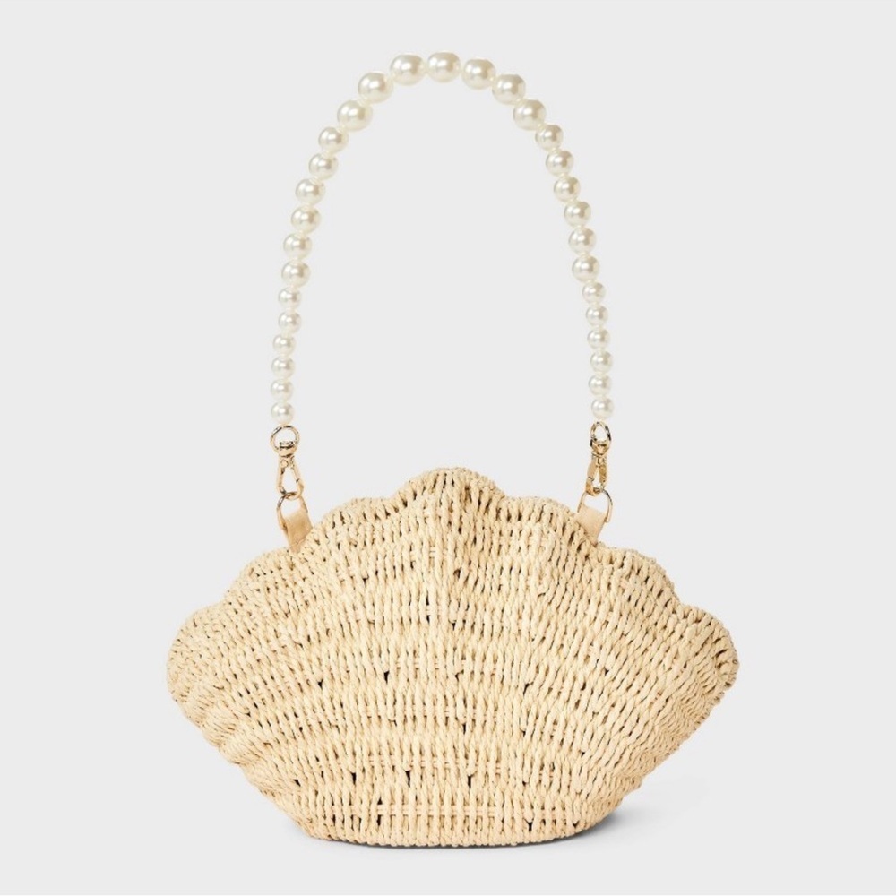 Beach-y Vacay Vibe::A New Day Tan Woven Shell Shape Bag with Pearl Strap::NWT:: - Picture 2 of 6